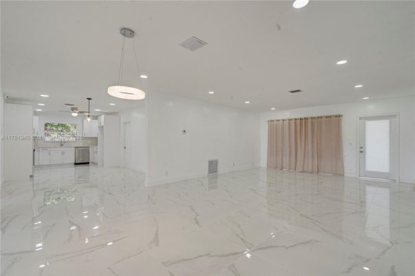Empty room, Interior, Kitchen, Marble, Pendant Lights, Recessed Lighting