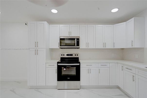 Interior, Kitchen, Marble, Recessed Lighting, Stainless Steel Appliances