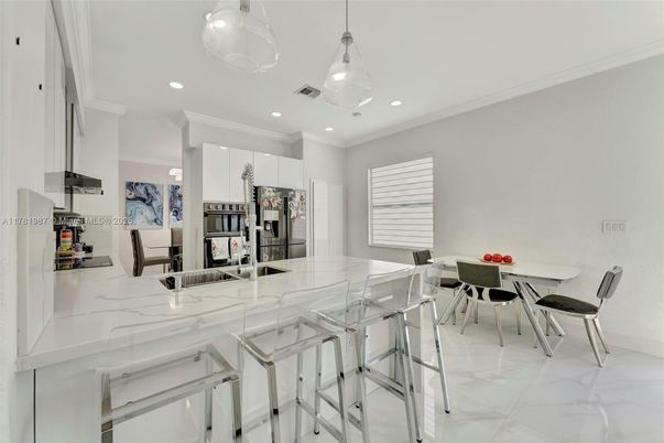 Dining room, Interior, Kitchen, Marble, Pendant Lights, Recessed Lighting
