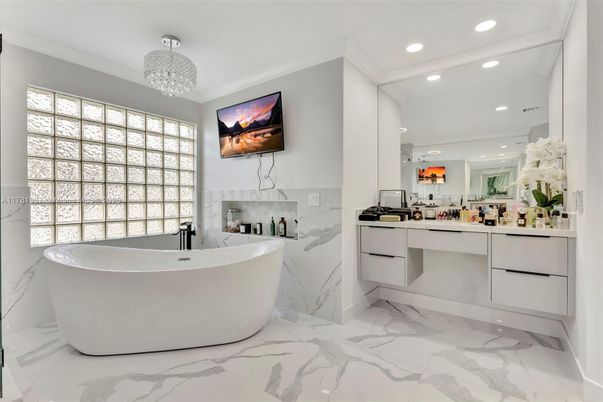 Bathroom, Chandelier, Free Standing Baths, Interior, Marble, Recessed Lighting