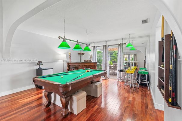 Billiard Table, Game Room, Interior, Pendant Lights, Wood Texture Flooring