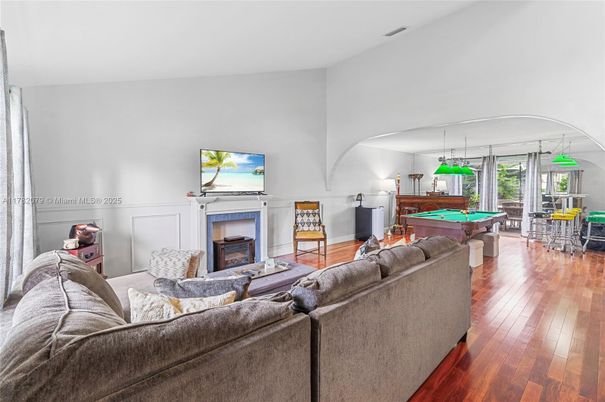 Billiard Table, Fireplace, Game Room, Interior, Living room, Wood Texture Flooring
