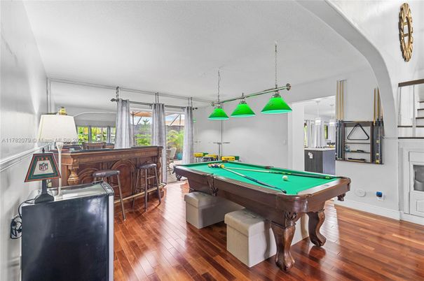 Billiard Table, Game Room, Interior, Pendant Lights, Wood Texture Flooring
