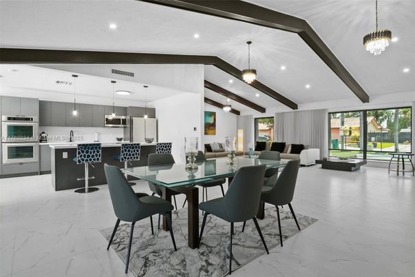 Dining room, Interior, Kitchen, Marble, Pendant Lights, Recessed Lighting, Stainless Steel Appliances, Wooden Beams