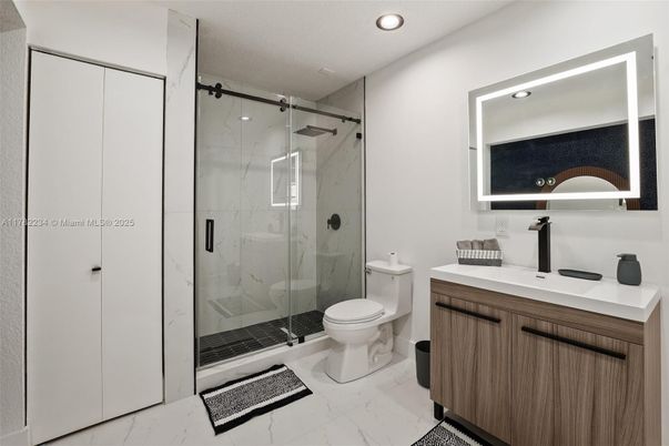 Bathroom, Glass Shower, Interior, Marble, Marble Walls, Recessed Lighting