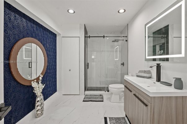 Bathroom, Glass Shower, Interior, Marble, Recessed Lighting