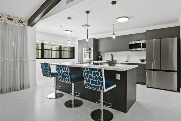 Interior, Kitchen, Marble, Pendant Lights, Stainless Steel Appliances