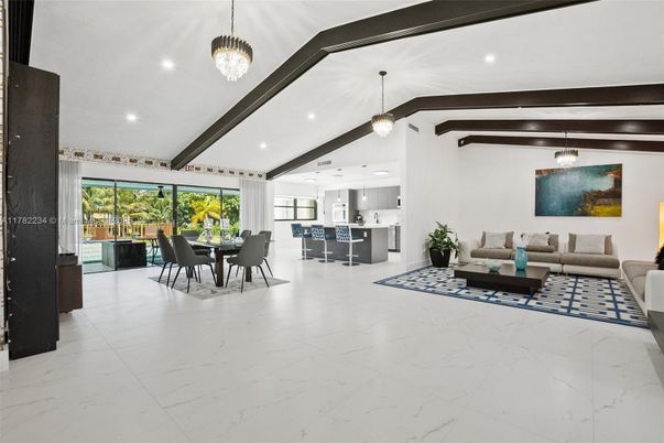 Dining room, Interior, Kitchen, Living room, Marble, Pendant Lights, Recessed Lighting, Stainless Steel Appliances, Wooden Beams