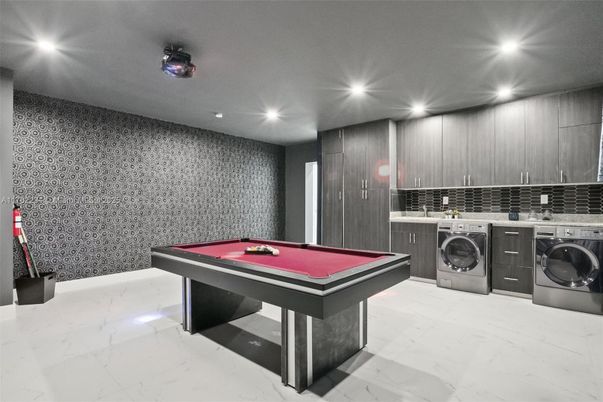 Billiard Table, Game Room, Interior, Marble, Recessed Lighting, Washer