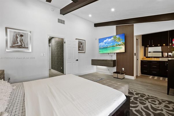 Bedroom, Interior, Recessed Lighting, Wooden Beams, Wood Texture Flooring
