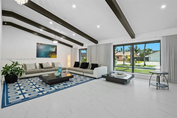 Interior, Living room, Marble, Recessed Lighting, Wooden Beams