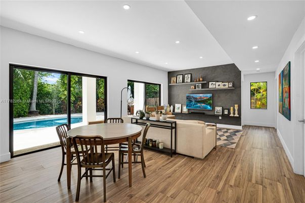 Dining room, Interior, Living room, Recessed Lighting, Wood Texture Flooring