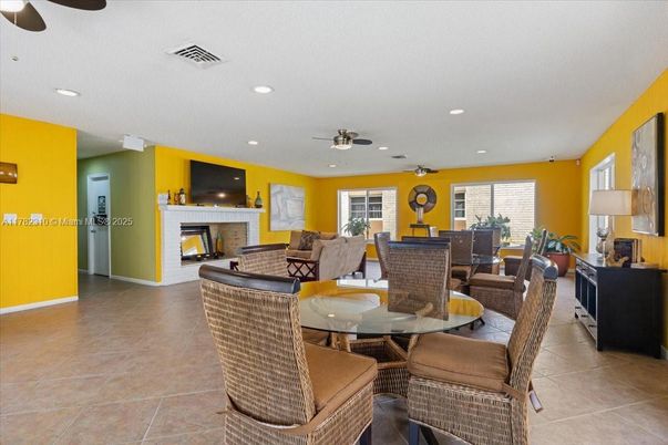 Dining room, Fireplace, Interior, Living room, Recessed Lighting