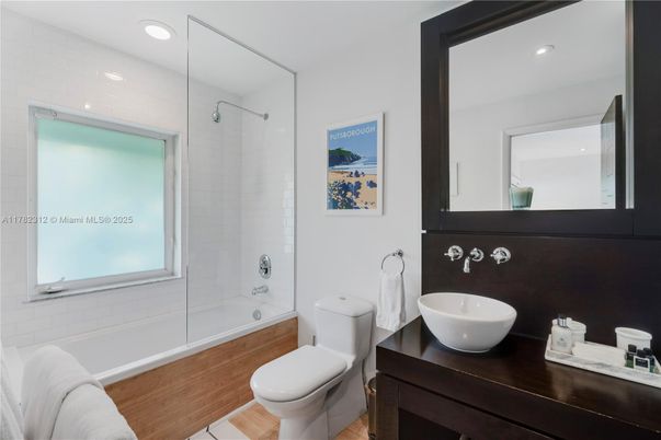Bathroom, Dual Sink Vanities, Interior, Recessed Lighting, Wood Texture Flooring