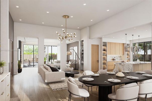 Dining room, Interior, Kitchen, Living room, Pendant Lights, Recessed Lighting, Wood Texture Flooring