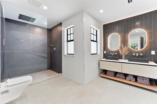 Bathroom, Dual Sink Vanities, Glass Shower, Interior, Recessed Lighting