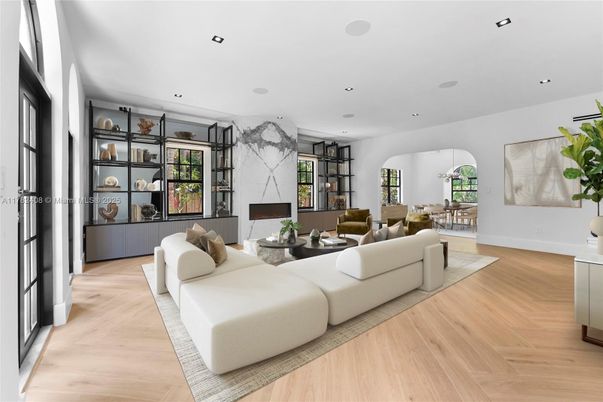 Dining room, Fireplace, Interior, Living room, Recessed Lighting, Wood Texture Flooring