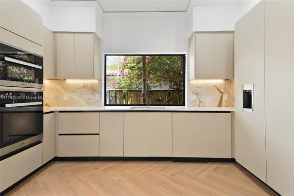 Interior, Kitchen, Marble Walls, Stainless Steel Appliances, Wood Texture Flooring