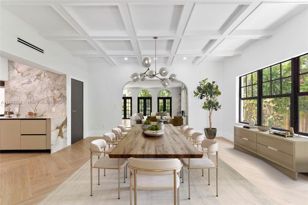 Dining room, Interior, Pendant Lights, Recessed Lighting, Wood Texture Flooring