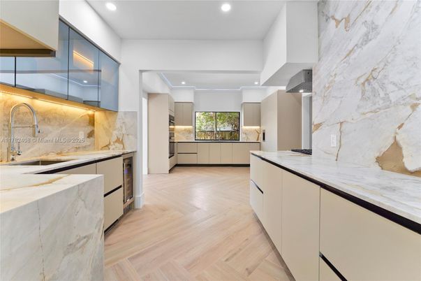 Interior, Kitchen, Marble Walls, Recessed Lighting, Wood Texture Flooring