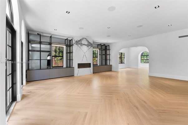 Empty room, Fireplace, Interior, Recessed Lighting, Wood Texture Flooring
