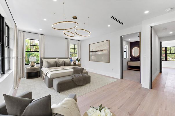 Bedroom, Interior, Pendant Lights, Recessed Lighting, Wood Texture Flooring