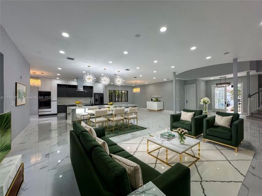 Dining room, Interior, Kitchen, Living room, Marble, Pendant Lights, Recessed Lighting, Stainless Steel Appliances