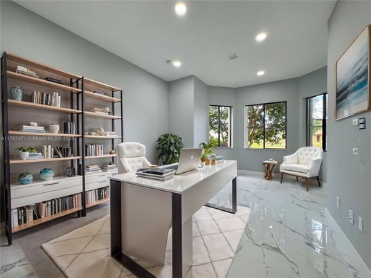 Home Office, Interior, Marble, Recessed Lighting