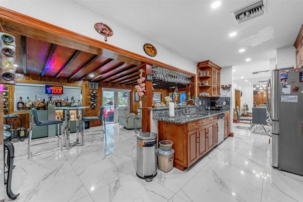 Interior, Kitchen, Marble, Recessed Lighting, Wooden Beams