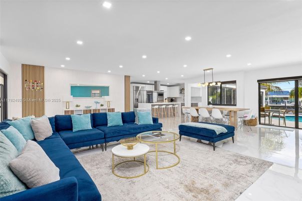 Dining room, Interior, Kitchen, Living room, Marble, Pendant Lights, Recessed Lighting, Stainless Steel Appliances