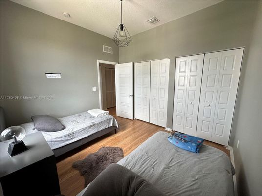 Bedroom, Interior, Pendant Lights, Wood Texture Flooring