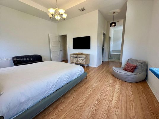 Bedroom, Chandelier, Interior, Pendant Lights, Wood Texture Flooring