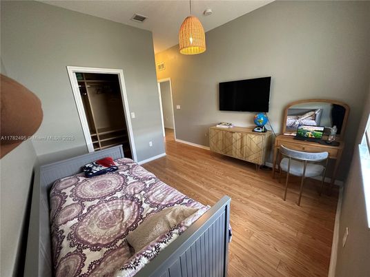 Bedroom, Interior, Pendant Lights, Wood Texture Flooring