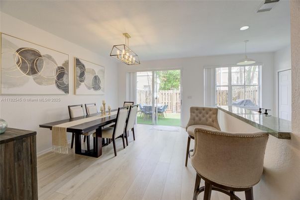 Dining room, Interior, Pendant Lights, Wood Texture Flooring