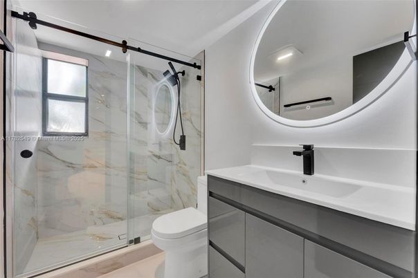 Bathroom, Glass Shower, Interior, Marble Walls, Recessed Lighting