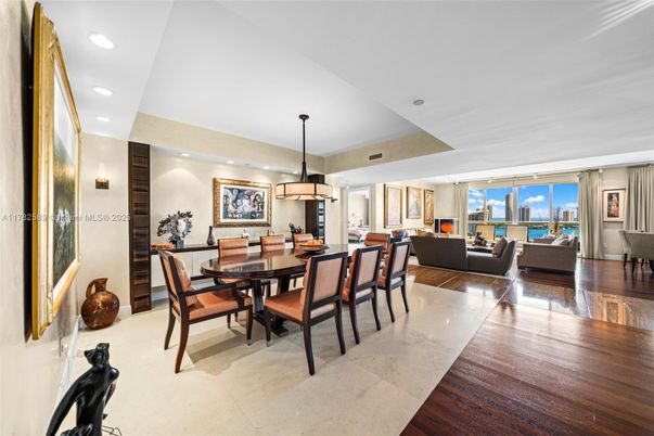 Dining room, Interior, Living room, Pendant Lights, Recessed Lighting, Water, Wood Texture Flooring