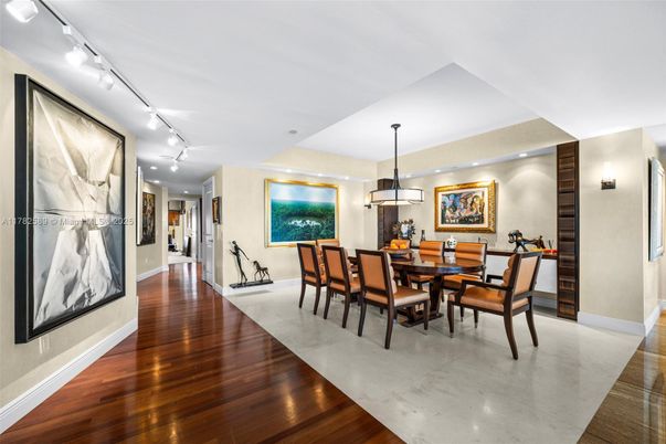 Dining room, Interior, Pendant Lights, Recessed Lighting, Wood Texture Flooring