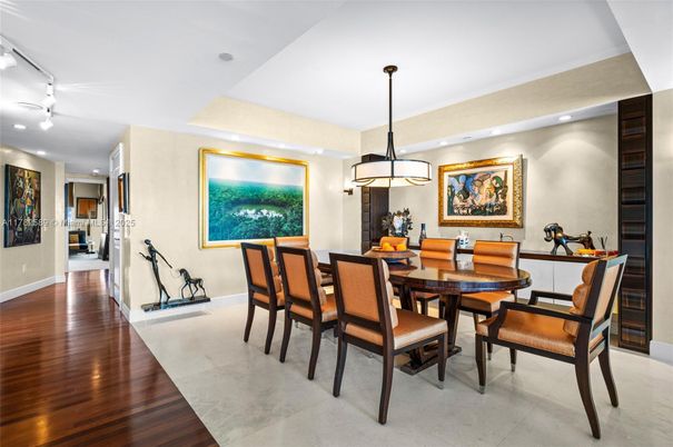 Dining room, Interior, Pendant Lights, Recessed Lighting, Wood Texture Flooring