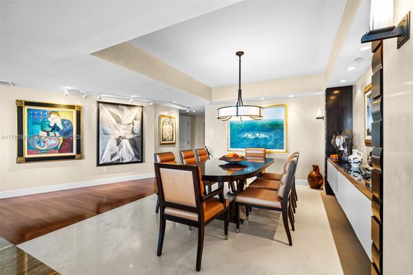 Dining room, Interior, Pendant Lights, Recessed Lighting, Wood Texture Flooring