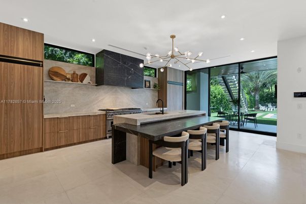Interior, Kitchen, Marble Walls, Pendant Lights, Recessed Lighting