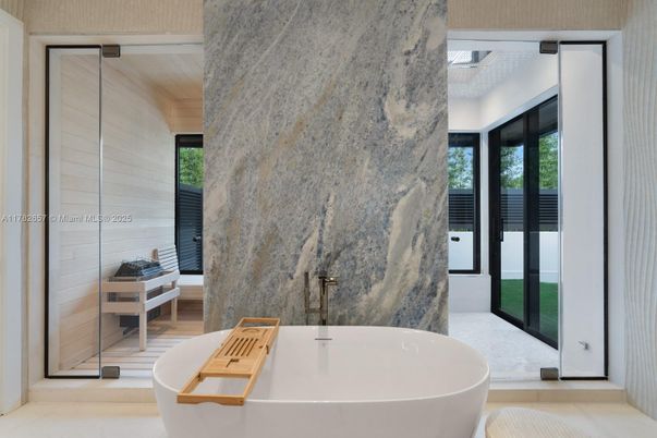 Bathroom, Free Standing Baths, Interior, Marble Walls, Wood Texture Flooring