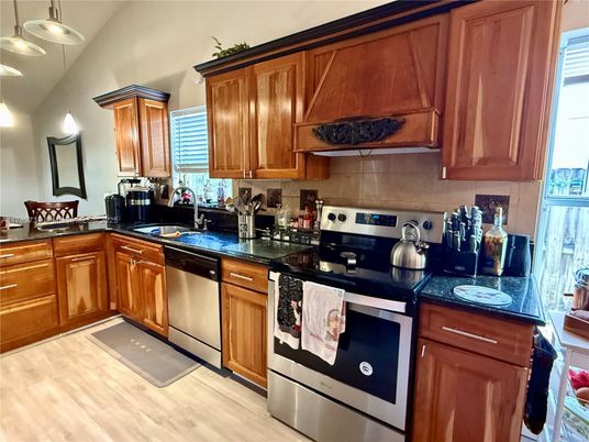 Interior, Kitchen, Pendant Lights, Stainless Steel Appliances, Wood Texture Flooring