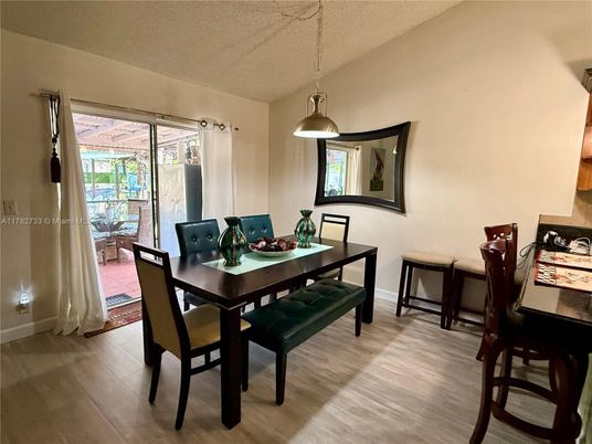 Dining room, Interior, Pendant Lights, Wood Texture Flooring