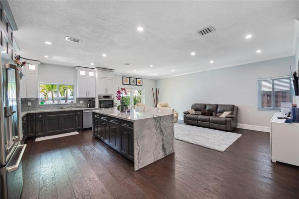 Interior, Kitchen, Living room, Recessed Lighting, Stainless Steel Appliances, Wood Texture Flooring