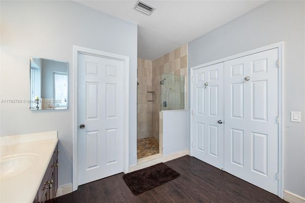 Bathroom, Glass Shower, Interior, Wood Texture Flooring