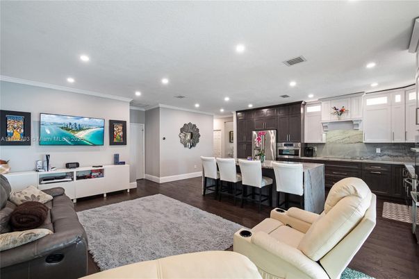 Interior, Kitchen, Living room, Recessed Lighting, Stainless Steel Appliances, Wood Texture Flooring