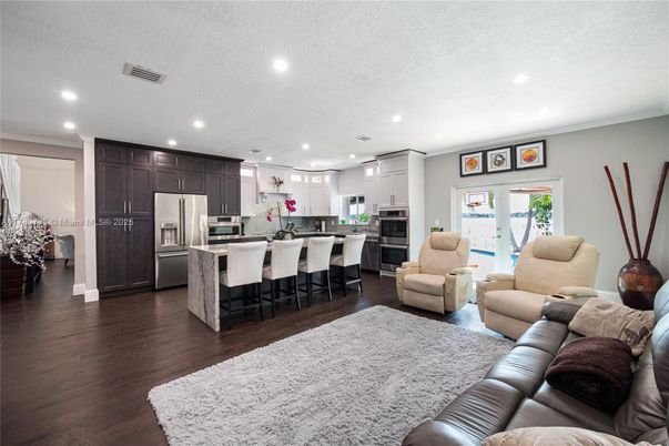 Interior, Kitchen, Living room, Recessed Lighting, Stainless Steel Appliances, Wood Texture Flooring