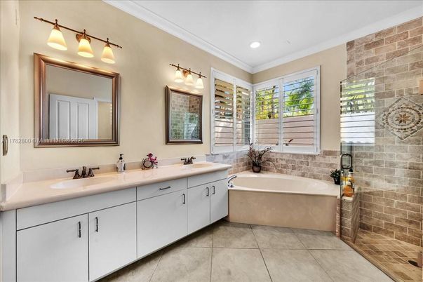 Bathroom, Dual Sink Vanities, Interior, Recessed Lighting, Stone Walls