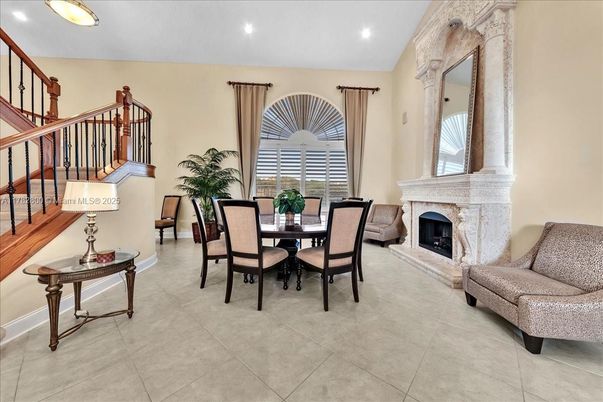 Dining room, Fireplace, Interior, Recessed Lighting