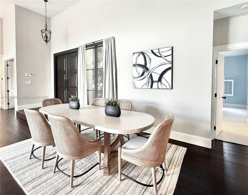 Dining room, Interior, Pendant Lights, Wood Texture Flooring